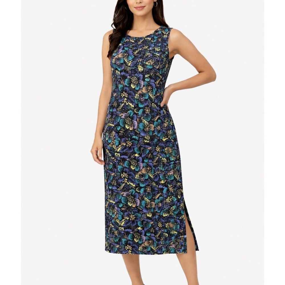 JM Collection Petite Blue Floral Stretch Knit Sleeveless Midi Dress Medium